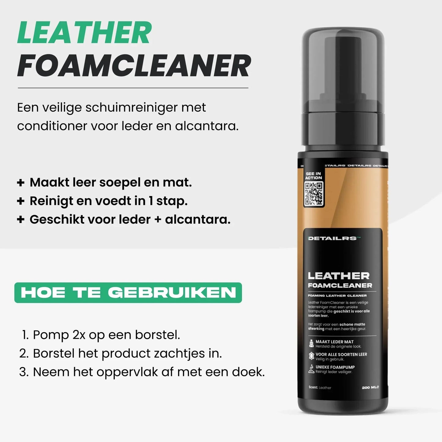 Detailrs Leather Foamcleaner schuimreiniger voor leder en alcantara flacon met gebruiksinstructies
