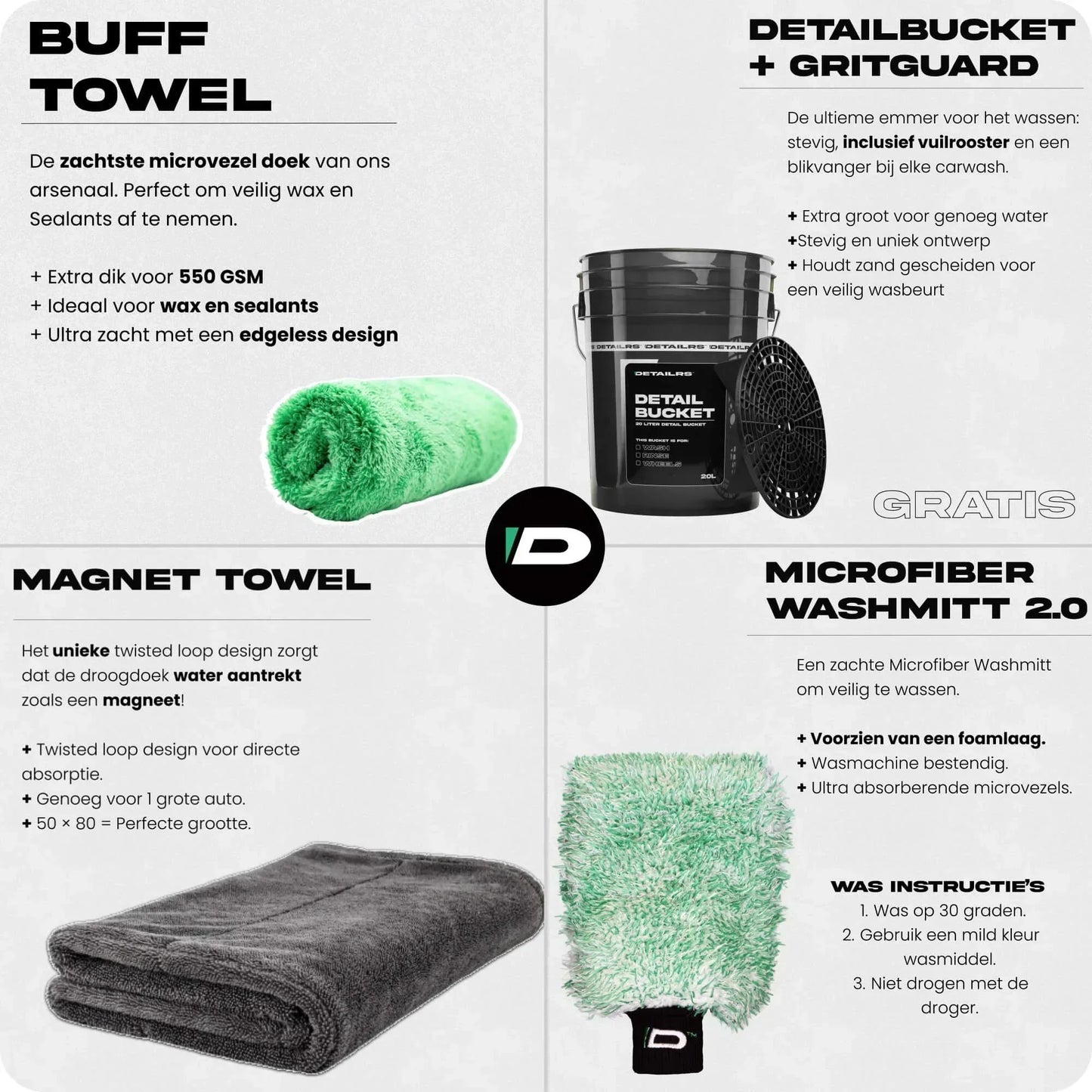 Detailrs Buff Towel zachte microvezel doek groen, Detailrs Detail Bucket emmer met vuilrooster, Magnet Towel grijze droogdoek, Microfiber Washmitt 2.0 zachte washandschoen