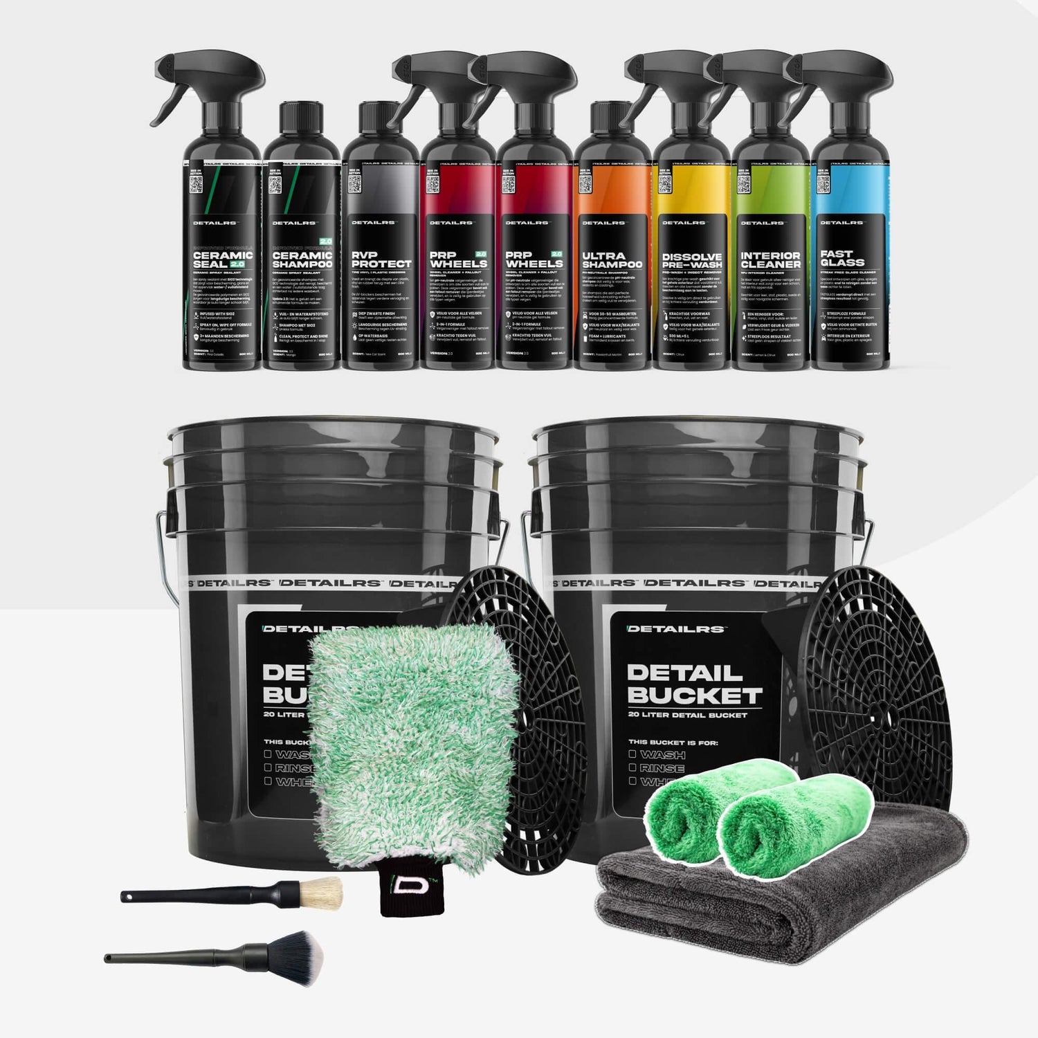 Detailrs Complete Car Care Set met schoonmaakmiddelen, emmers, handschoen, borstels en doeken