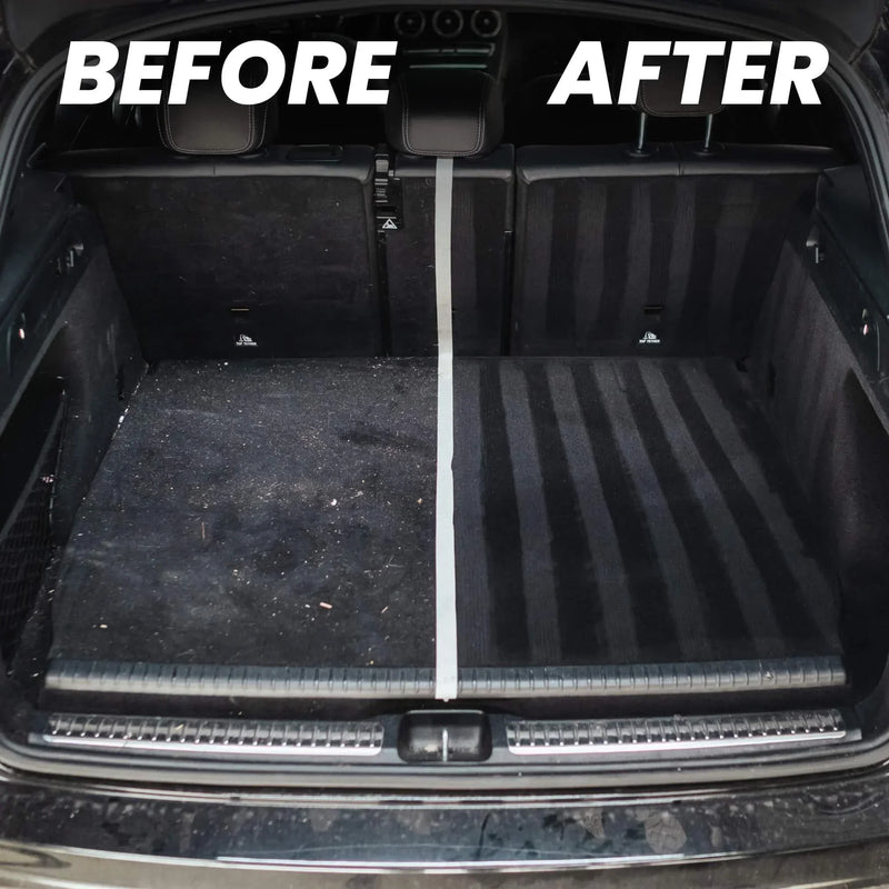 Detailrs auto interieur reiniger voor en na schoonmaak van vuile kofferbak met duidelijk resultaat