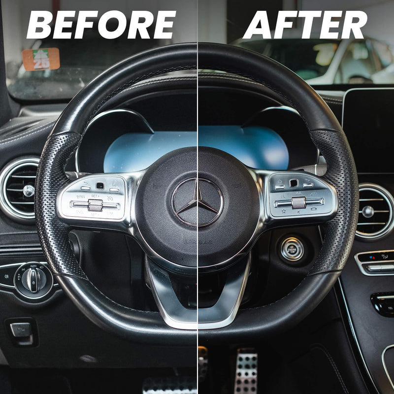 Detailrs leder stuurreiniging en verzorging voor Mercedes, voor en na schoonmaken verschil zichtbaar