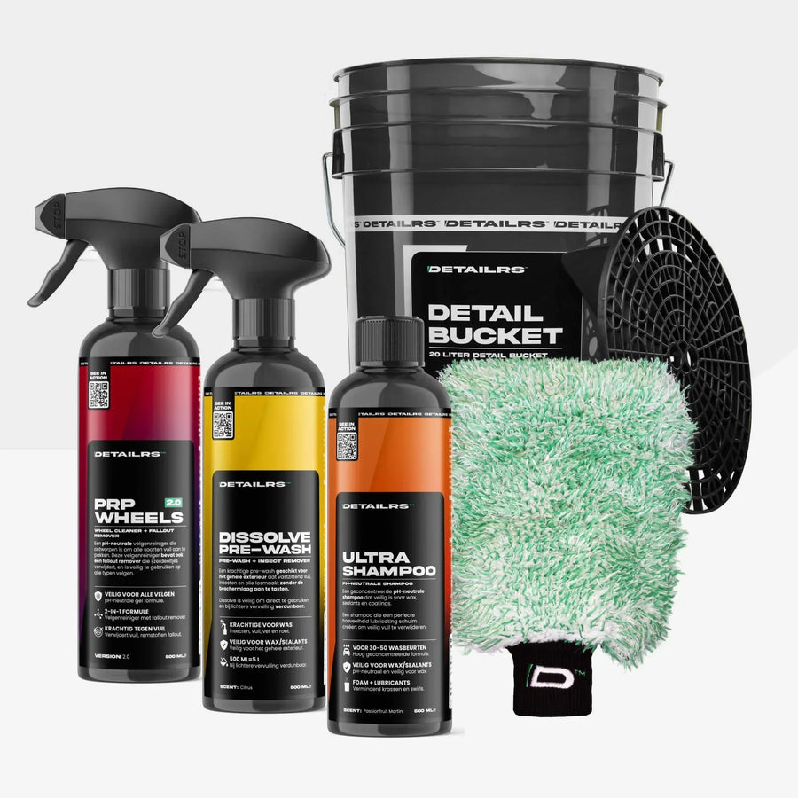 Detailrs Detail Bucket autowas set met 20L emmer, drie reinigers en groene washandschoen