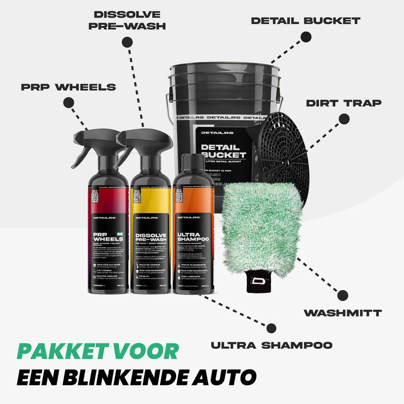 Detailrs Detail Bucket set met emmer, dirt trap, washmitt, Ultra Shampoo, Dissolve Pre-Wash en PRP Wheels voor auto reinigen