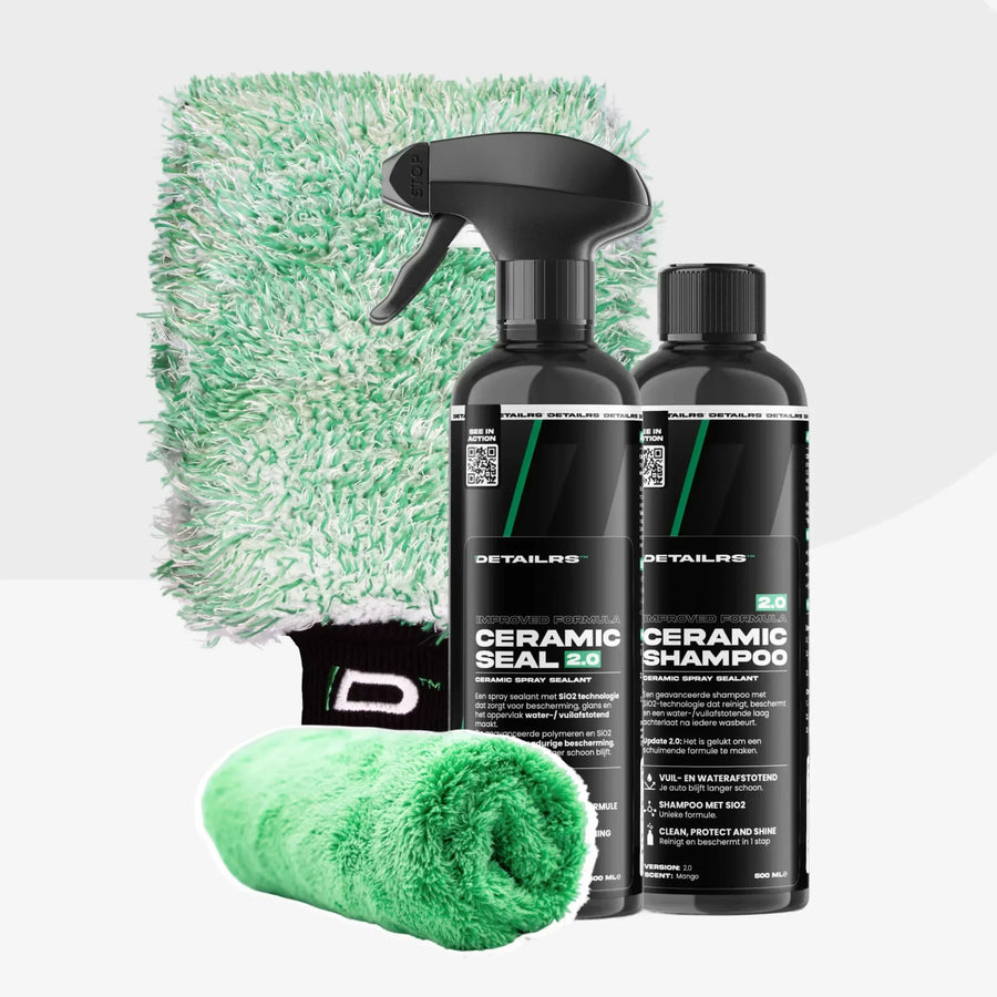 Detailrs Ceramic Seal 2.0 en Ceramic Shampoo 2.0 met groene washandschoen en doek voor auto detailing