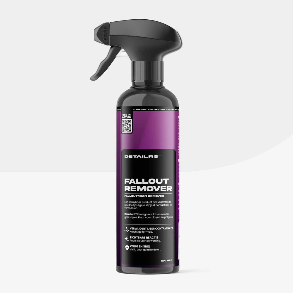 Detailrs Fallout Remover sprayfles voor het verwijderen van ijzerdeeltjes met opvallend paarse verpakking