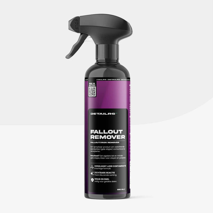 Detailrs Fallout Remover sprayfles voor het verwijderen van ijzerdeeltjes met opvallend paarse verpakking
