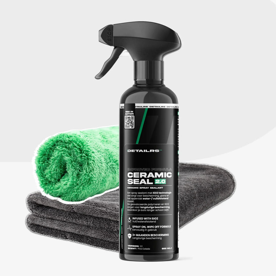 Detailrs Ceramic Seal 2.0 spray flacon met groene en grijze microvezeldoeken auto bescherming