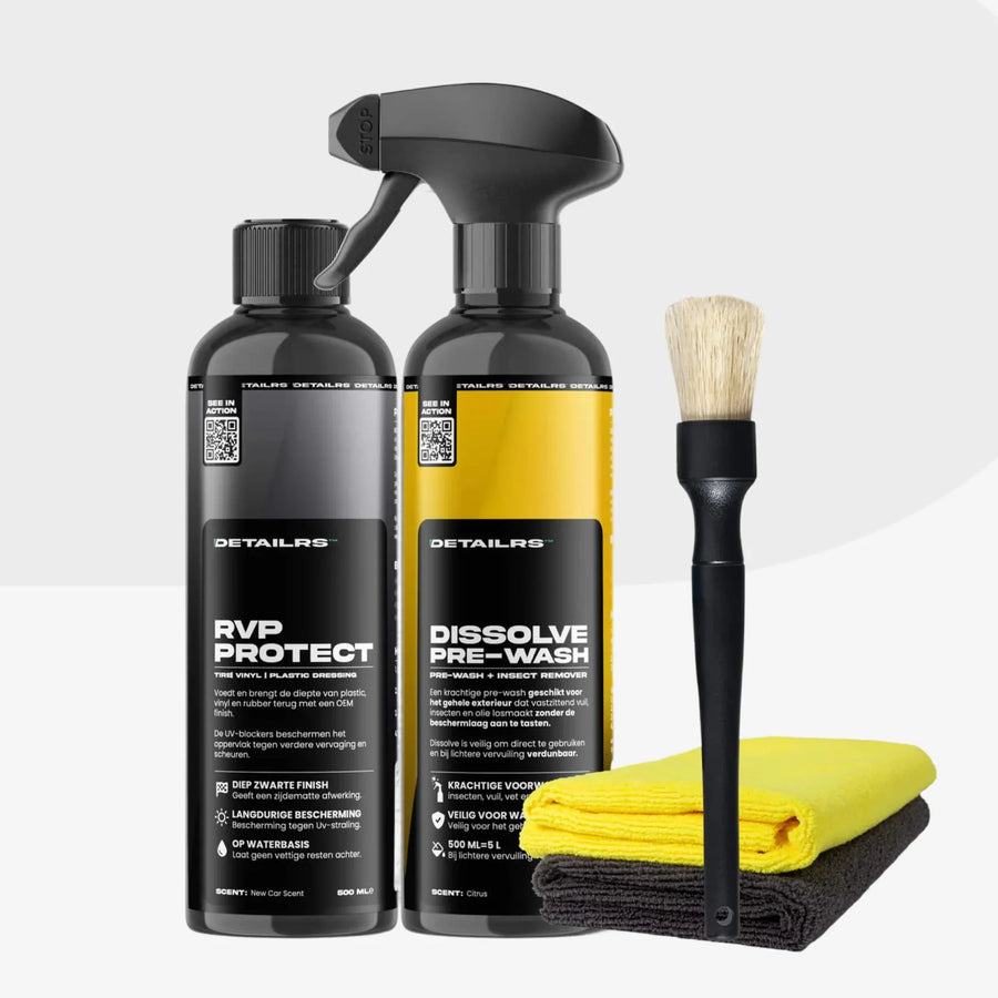 Detailrs RVP Protect en Dissolve Pre-Wash automotive reinigingsproducten met microvezeldoeken en detailborstel