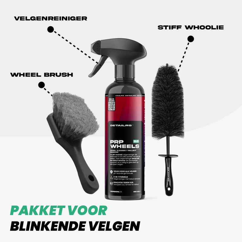 Detailrs PRP Wheels velgenreiniger spray met wheel brush en stiff whoolie borstel voor blinkende velgen
