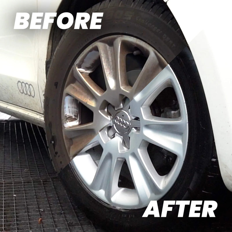 Detailrs velgenreiniger voor en na gebruik op Audi lichtmetalen velg, zichtbaar schoon verschil