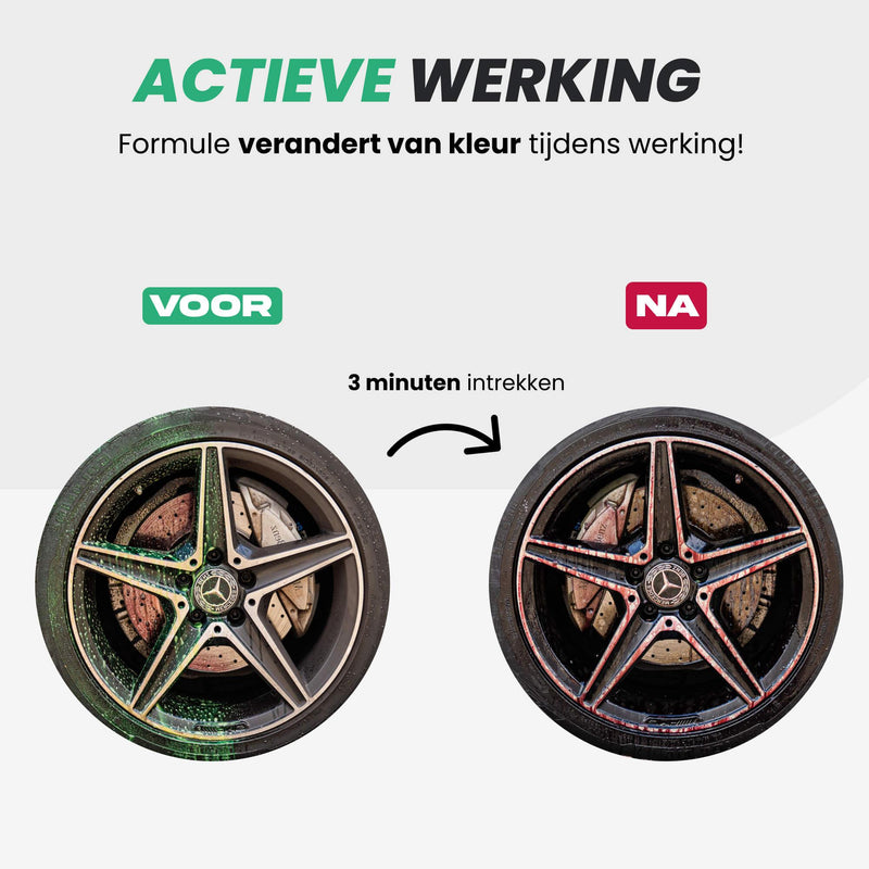 Detailrs actieve werking velgenreiniger voor en na 3 minuten inweken met kleurverandering