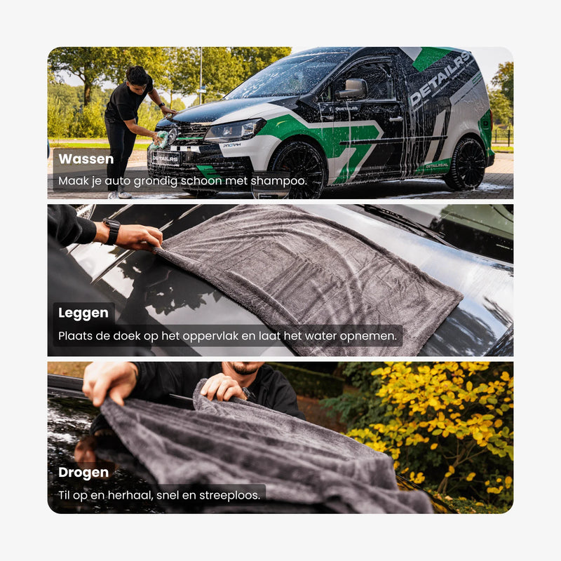 Detailrs autowas stappen met schuimende auto, microvezeldoek leggen en drogen voor streeploos resultaat