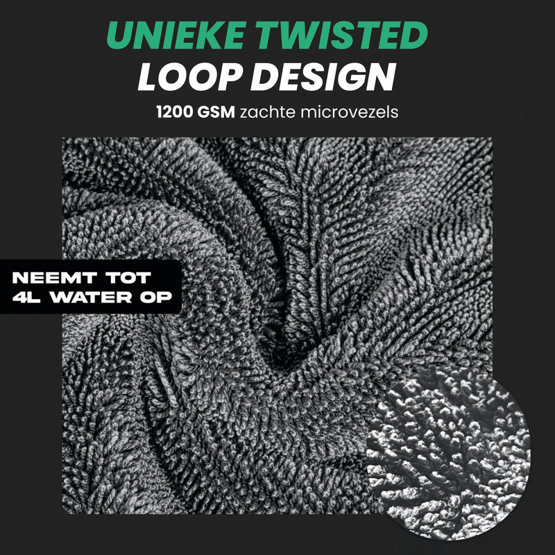 Detailrs microfiber handdoek met unieke twisted loop design en hoge wateropname tot 4L, 1200 GSM