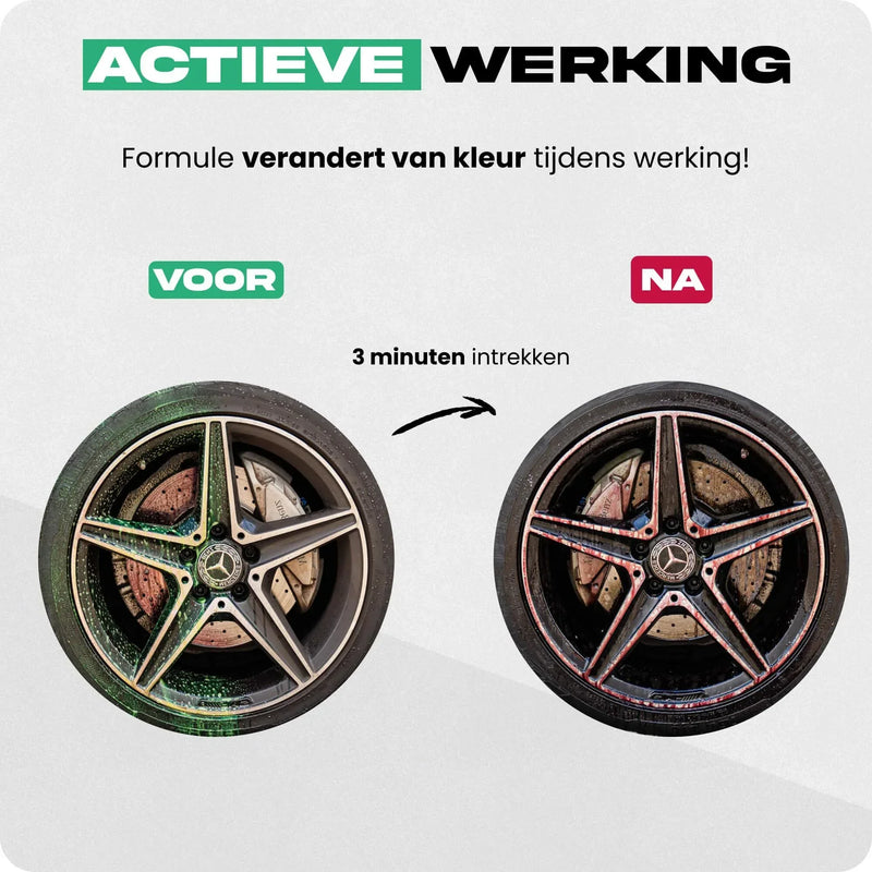 Detailrs Actieve werking velgenreiniger voor en na 3 minuten inwerken met kleurverandering