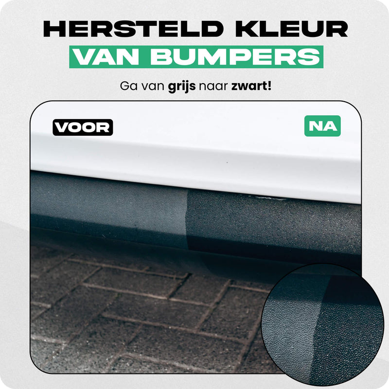 Detailrs bumper kleurhersteller voor grijze bumper, na zwart, close-up voor en na kleur herstel