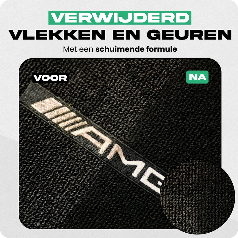 Detailrs vlekverwijderaar voor en na gebruik op zwarte autobekleding met schuimende formule