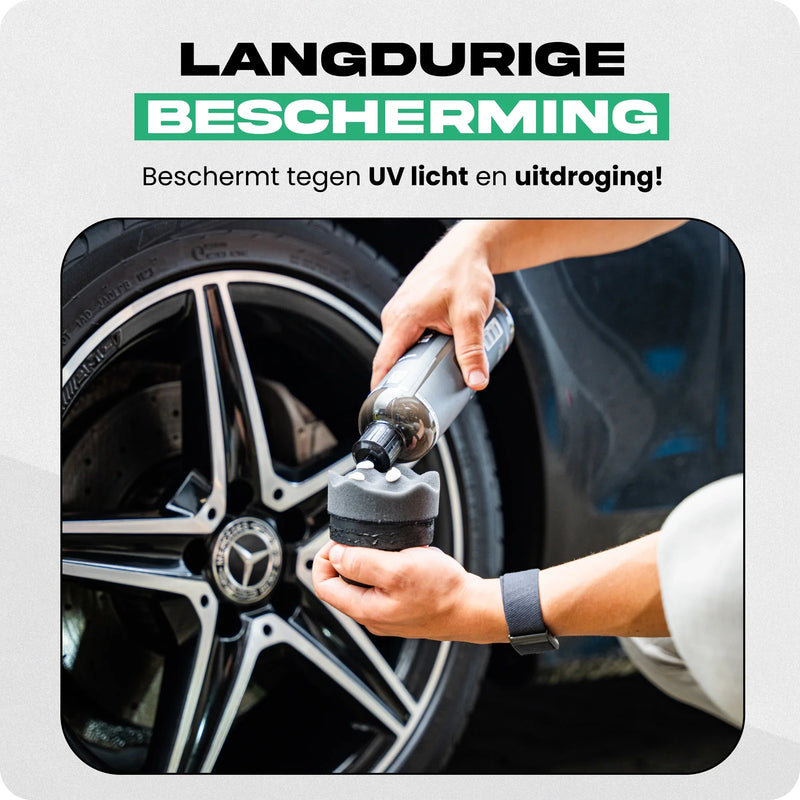 Detailrs autobanden beschermingsmiddel met applicator spons en handschoenen bij Mercedes velg