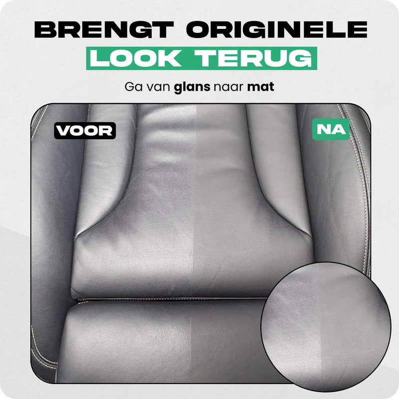 Detailrs RVP lederreiniger voor en na gebruik, glanzend leder mat gemaakt, autostoel close-up