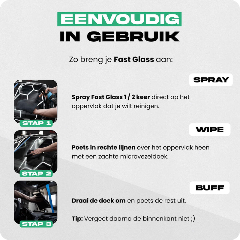 Detailrs Fast Glass gebruiksinstructies met stappen voor spray, wipe en buff voor autoglasreiniger