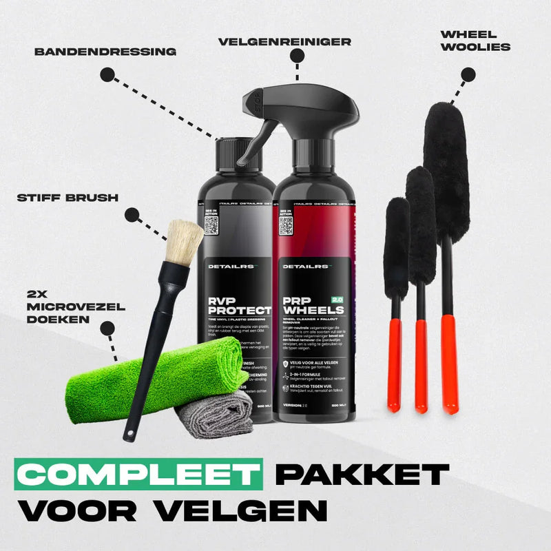 Detailrs compleet pakket voor velgen met velgenreiniger, bandendressing, brushes en microvezeldoeken